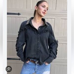 Washed Black POL Buttton Down with Ruffles and Sequin Details